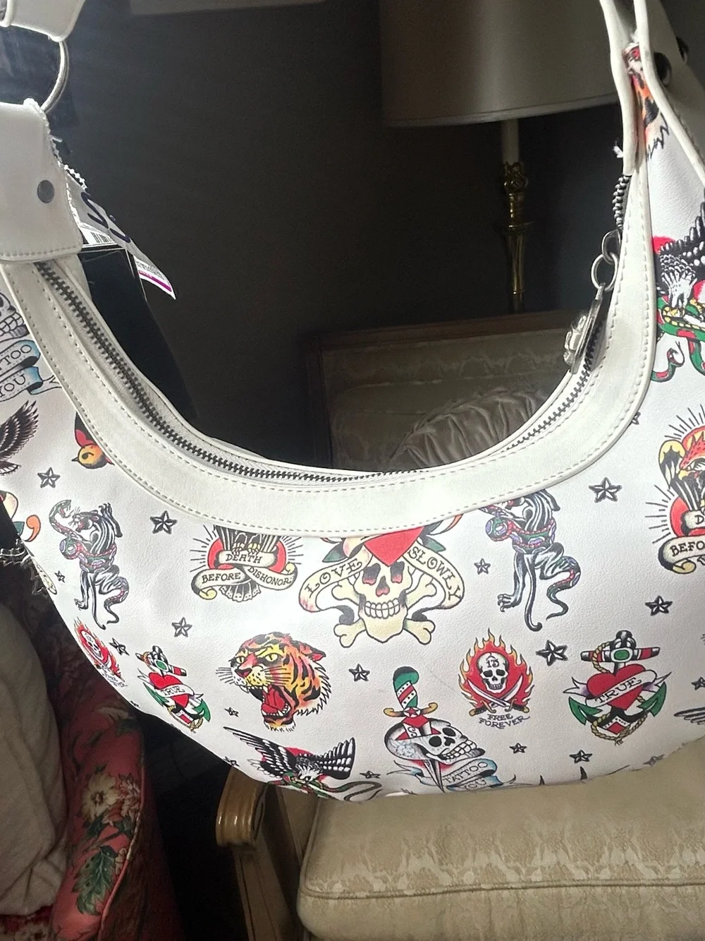 NWT Ed Hardy White Tattoo Studded Hobo Shoulder Bag Y2K Skull Tiger Purse